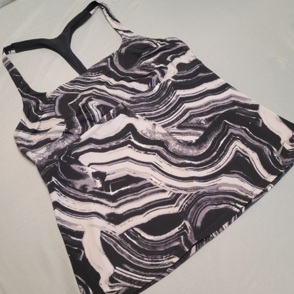 Nike Swim Tankini Top Womens Large Black White Marble Swirl‎ Racerback NESS8220